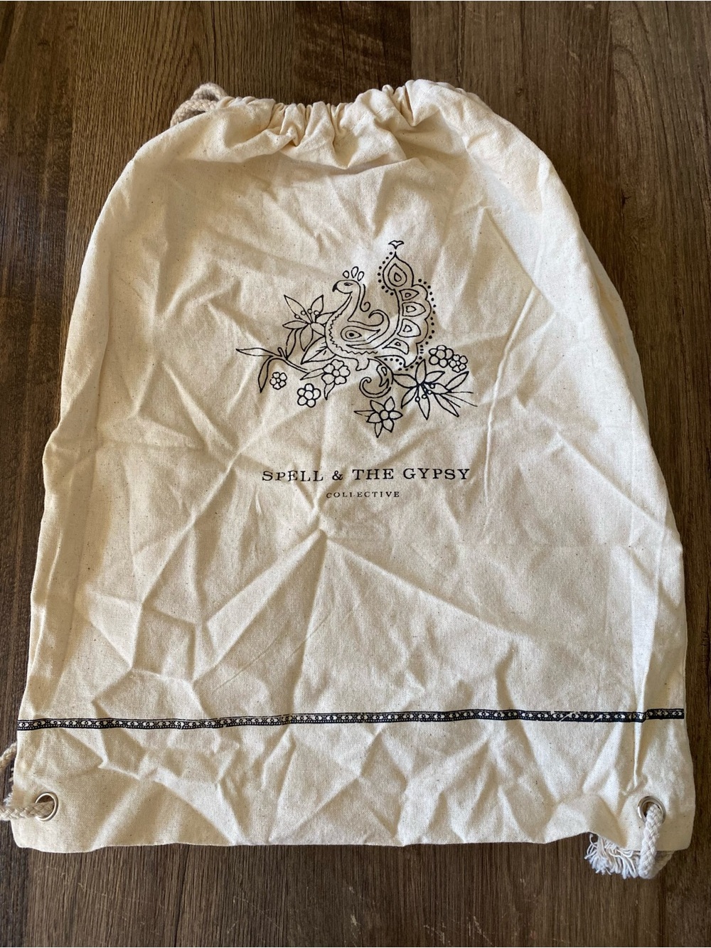 Spell Natural Canvas Drawstring Bag with Black Floral Peacock Print